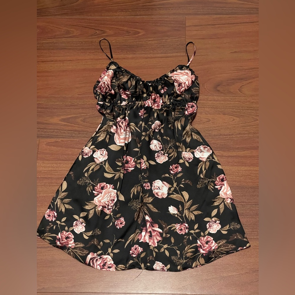 Midnight Bakery Cami Lingerie Night Dress, Black Floral Rose Gold Metal Sz S View 4